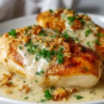 Juicy garlic chicken breasts in creamy sauce, topped with toasted garlic and parsley