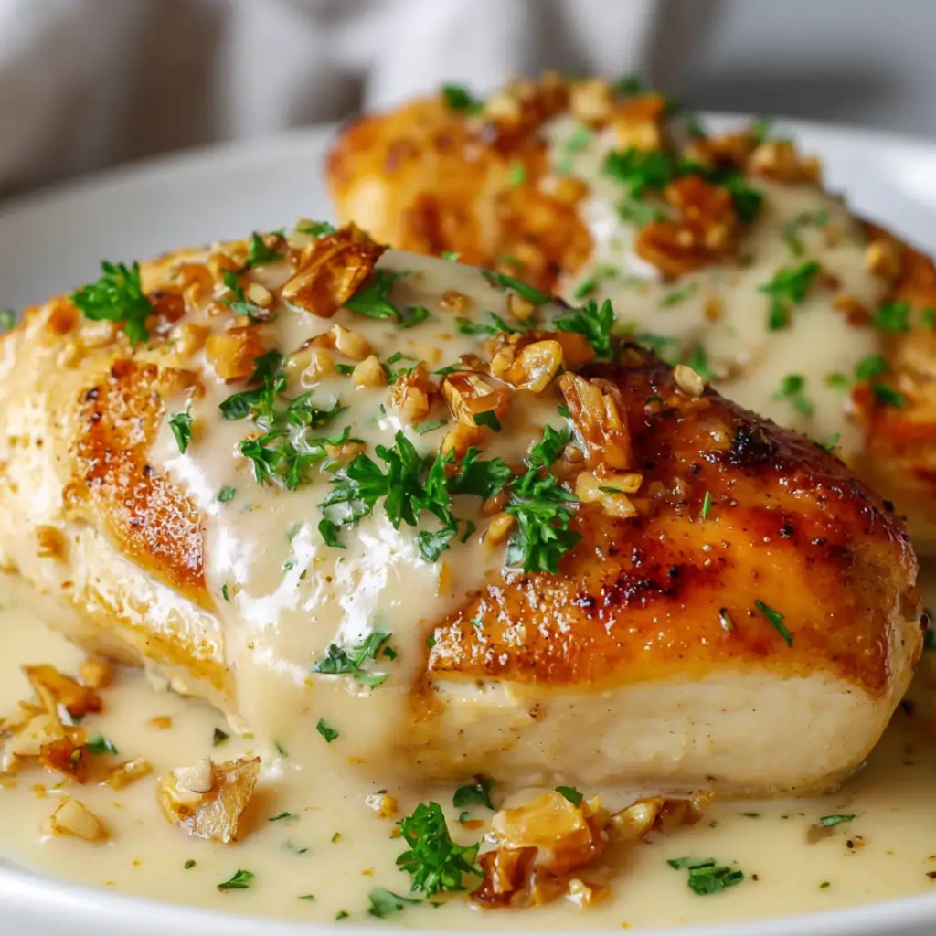 Juicy garlic chicken breasts in creamy sauce, topped with toasted garlic and parsley