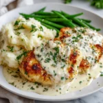 Garlic parmesan chicken breasts topped with creamy herb sauce, served with mashed potatoes and green beans