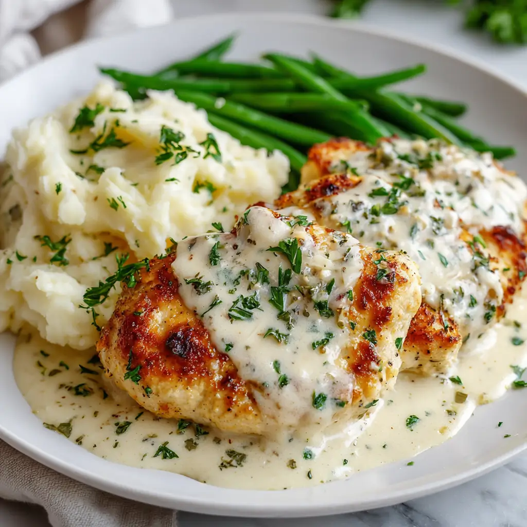 Garlic parmesan chicken breasts topped with creamy herb sauce, served with mashed potatoes and green beans