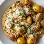 Tender chicken breasts and whole baby potatoes in creamy garlic Parmesan sauce, topped with melted cheese and parsley.