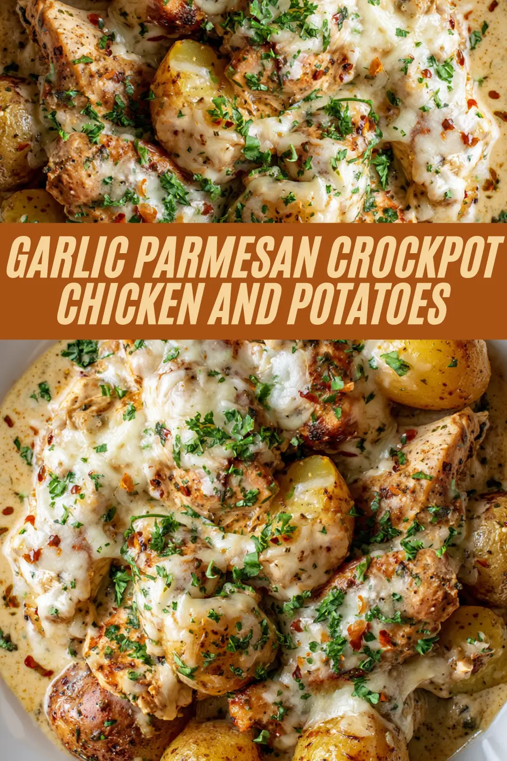 Cheesy crockpot chicken breasts and potatoes in creamy garlic Parmesan sauce, topped with herbs.