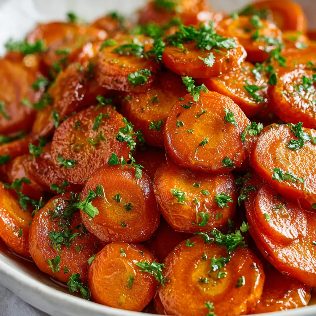 Sliced glazed carrots garnished with fresh parsley in a white serving bowl