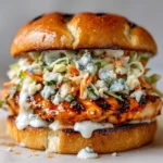 Close-up of a grilled buffalo chicken sandwich with tangy blue cheese crumbles, shredded carrot and cabbage slaw, and creamy dressing on a toasted brioche bun.