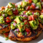 Juicy grilled chicken topped with avocado salsa, tomatoes, red onion, and cilantro