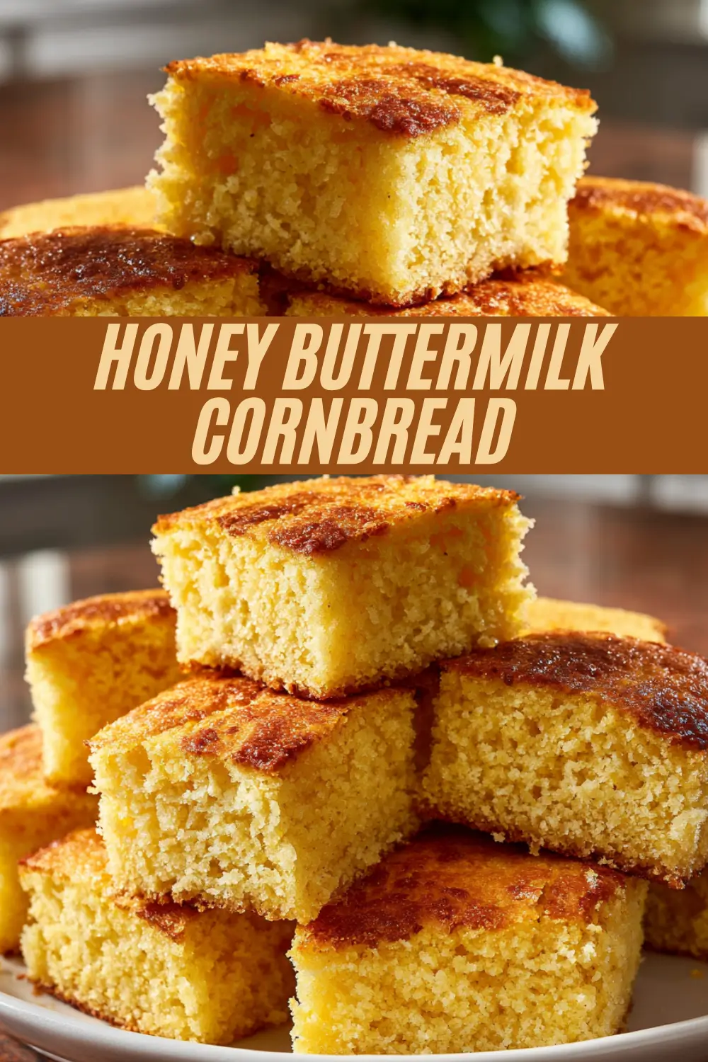 Classic honey buttermilk cornbread cut into thick, moist squares with a golden brown crust.