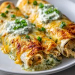 Cheesy Jalapeño Popper Chicken Enchiladas, oven-baked to golden brown, topped with fresh green onions and a dollop of creamy jalapeño sauce, displayed close-up to show melted cheese, chicken filling, and rich, bubbly sauce.