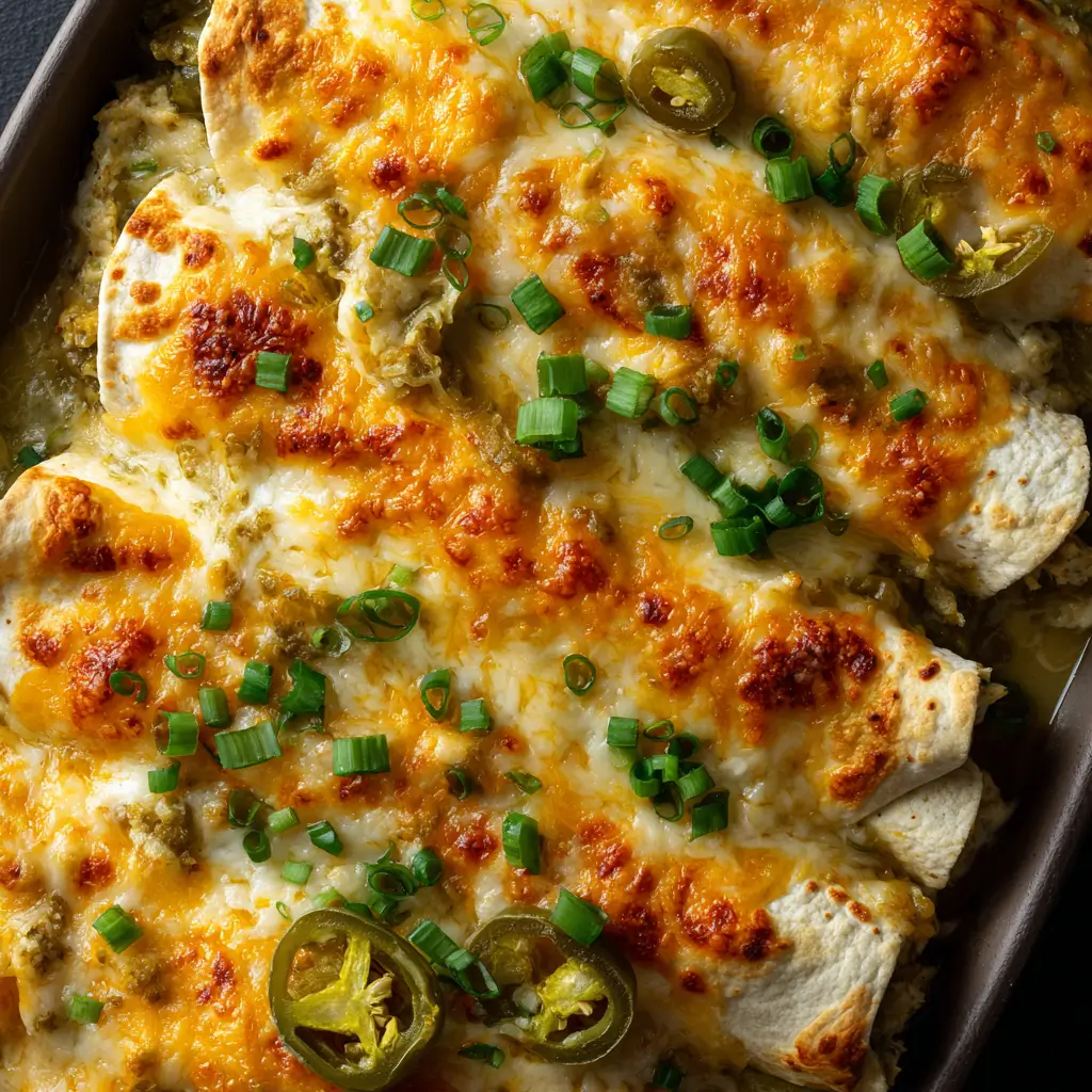 Overhead shot of Jalapeño Popper Cheesy Chicken Enchiladas in a baking dish, covered in golden-brown bubbling cheese, topped with sliced green onions and jalapeño slices, with melted cheesy edges and visible creamy filling.