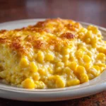 Creamy corn casserole baked to golden brown with a cheesy crust, served on a plate