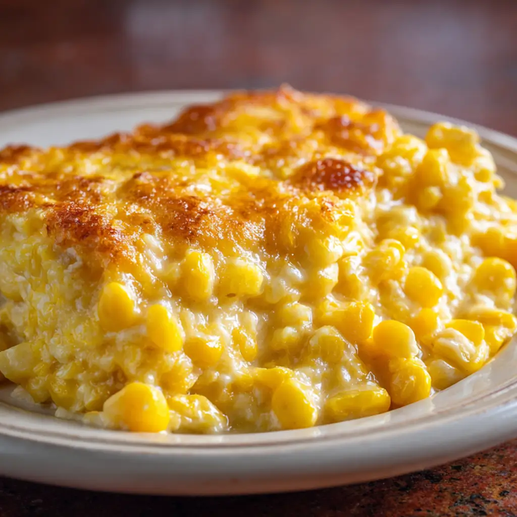 Creamy corn casserole baked to golden brown with a cheesy crust, served on a plate