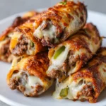 Low-carb Philly cheesesteak roll ups filled with savory beef, peppers, and melted cheese.