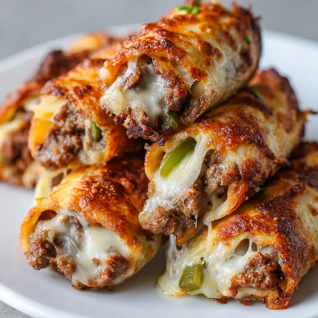 Low-carb Philly cheesesteak roll ups filled with savory beef, peppers, and melted cheese.