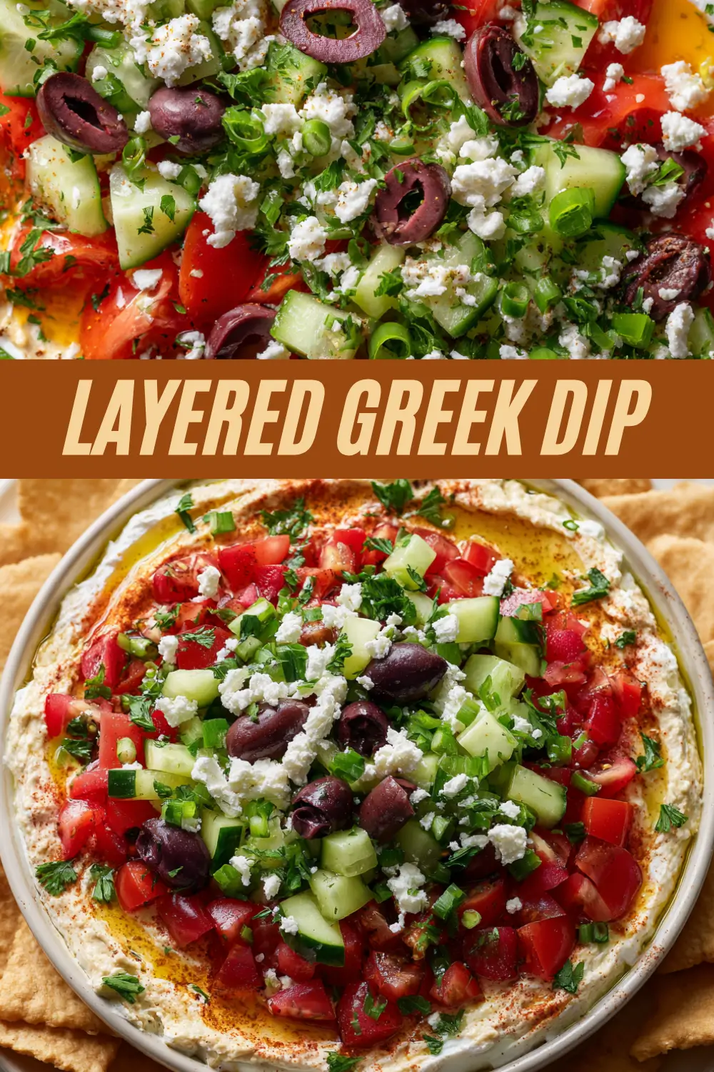 Greek layered dip with creamy base, diced veggies, olives, feta, and herbs served with pita chips
