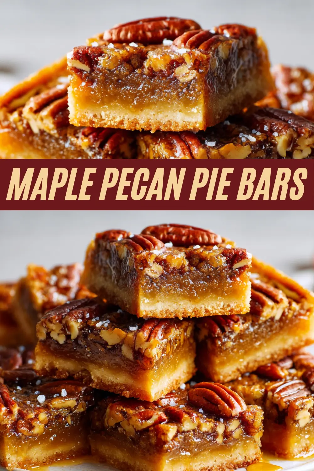 Maple pecan pie bars with gooey pecan topping and buttery shortbread base, stacked on a plate