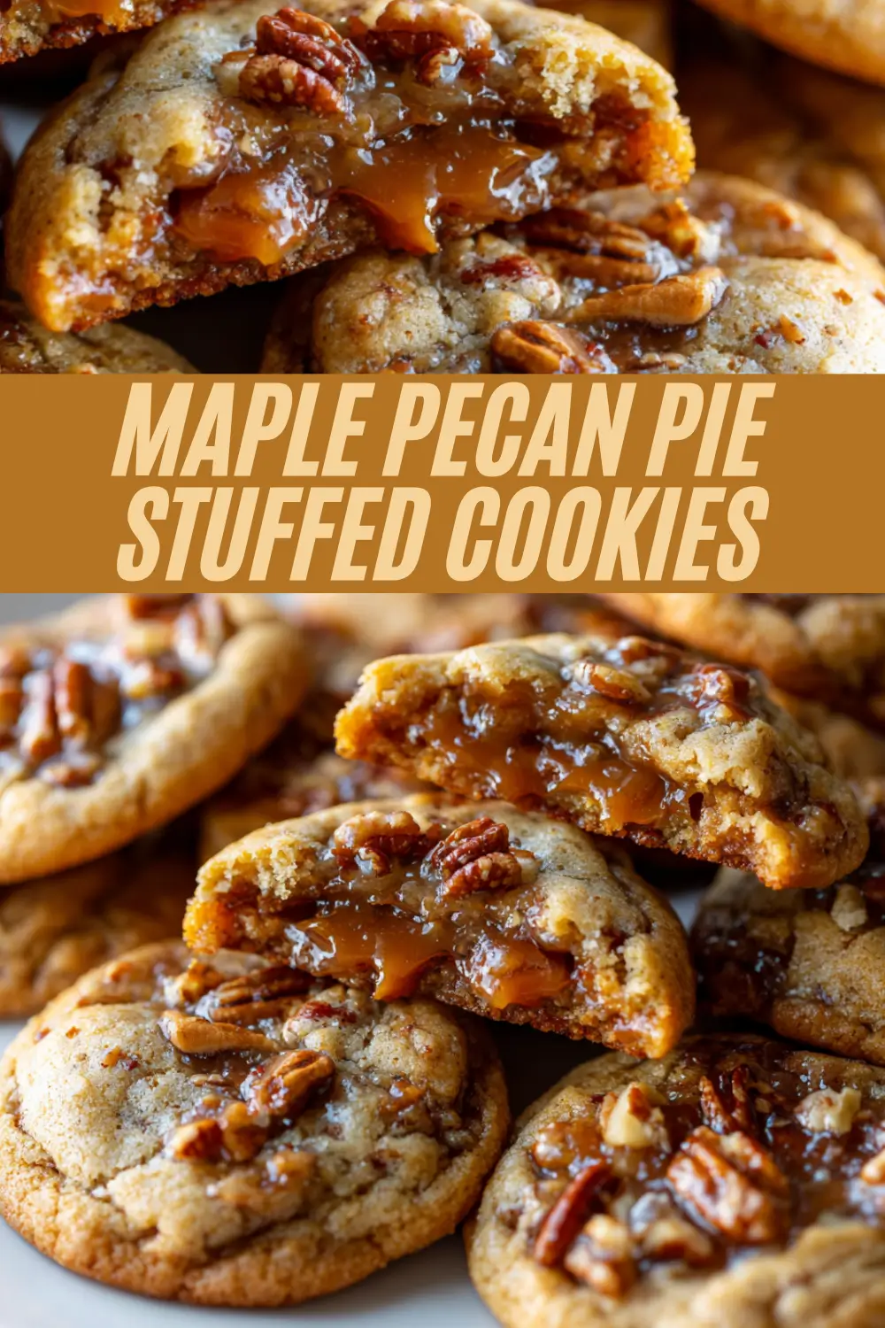 Gooey pecan pie-stuffed maple cookies bursting with toasted pecan flavor.