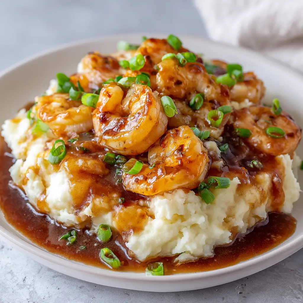 Creamy mashed potatoes topped with savory gravy, sautéed shrimp, and fresh scallions