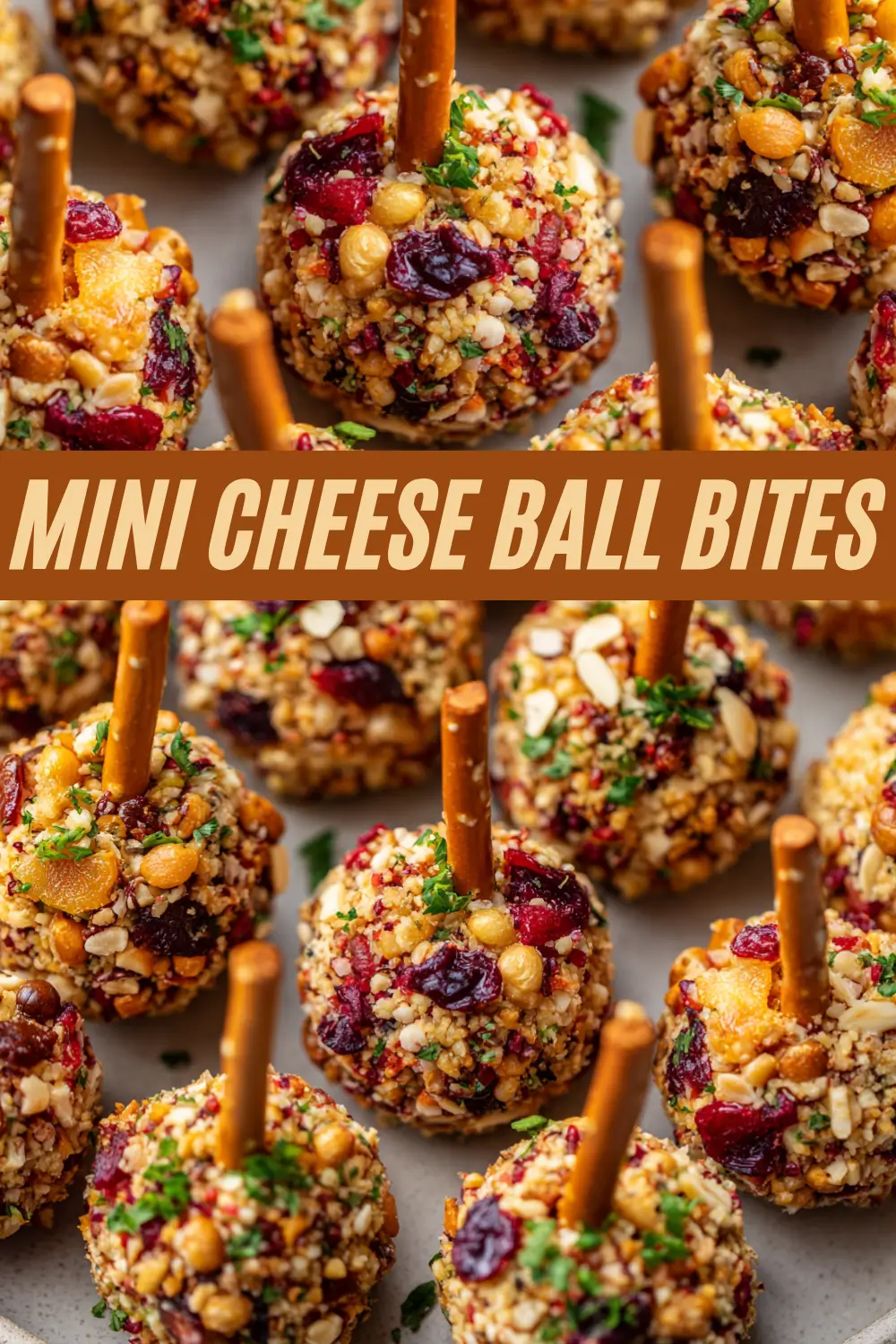 Festive mini cheese ball bites coated in nuts, cranberries, and herbs, each with a pretzel stick