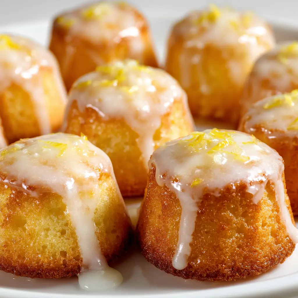 Close-up of mini lemon cakes with lemon glaze and zest.