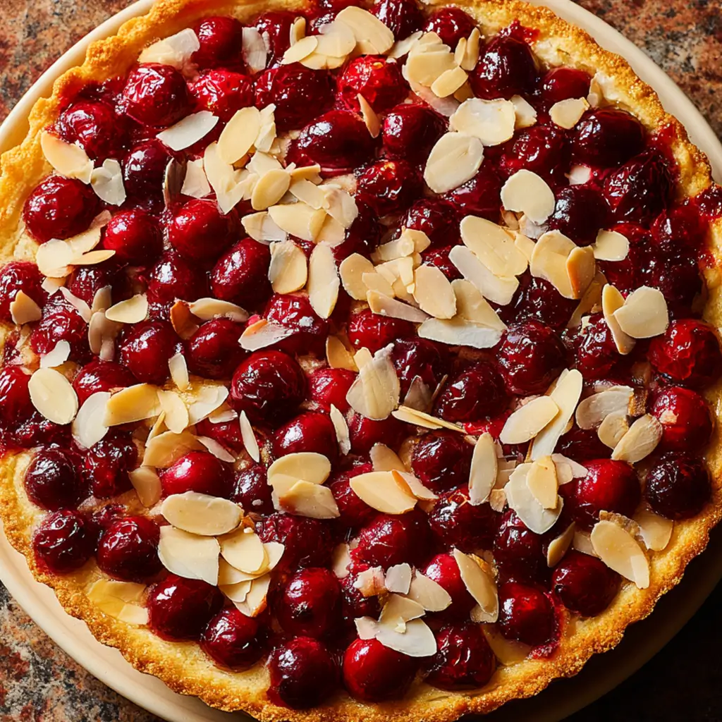 Cranberry tart topped with sliced almonds on a crisp buttery crust, perfect for holiday baking