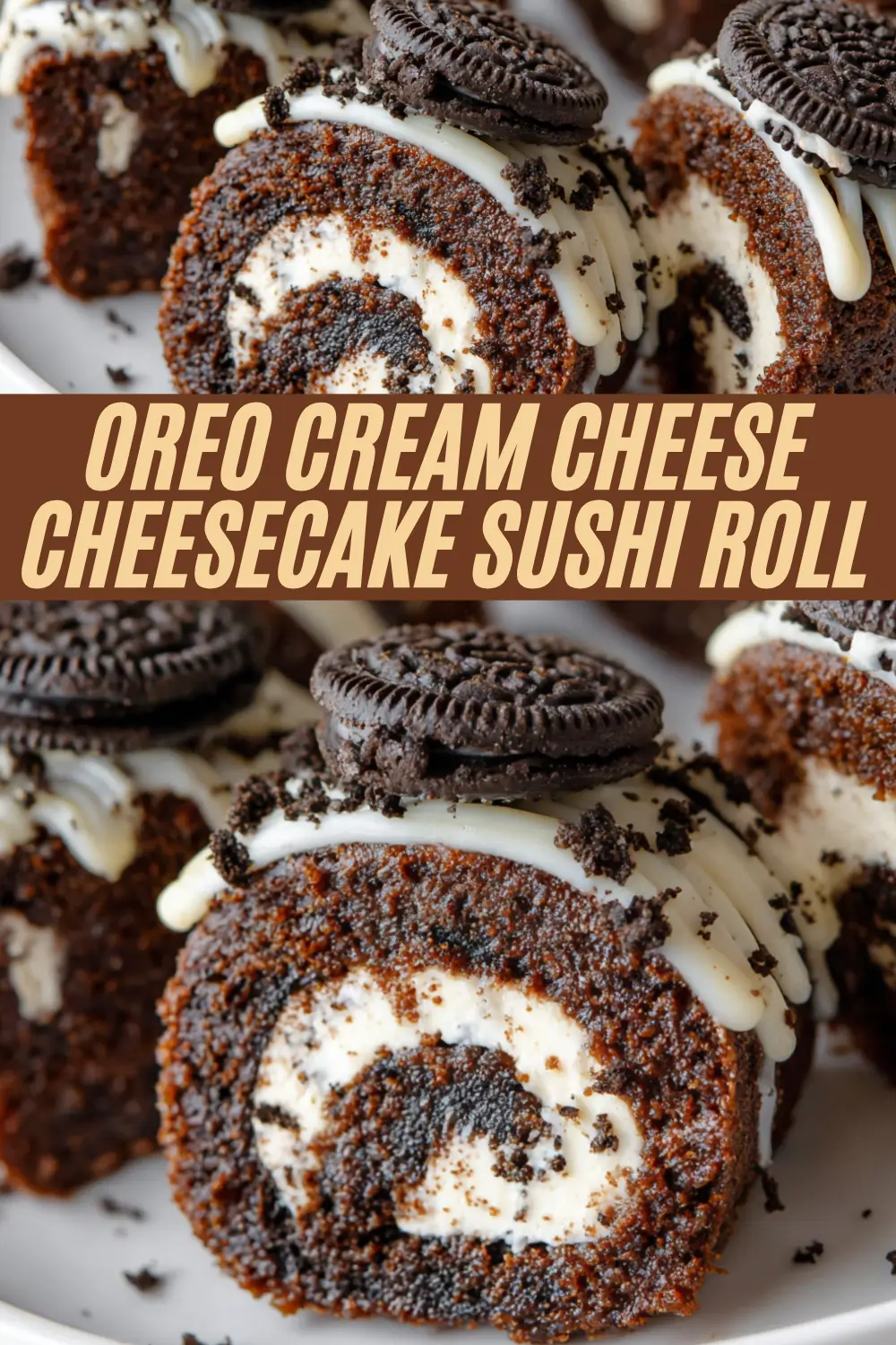 Mini chocolate cake rolls with Oreo cream cheese filling, topped with mini Oreos and white chocolate drizzle.