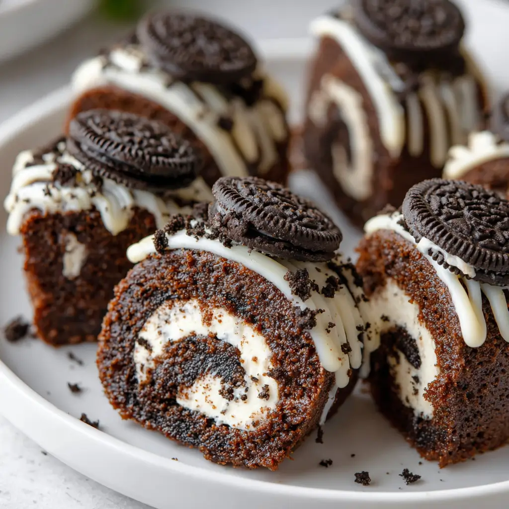 Mini chocolate cake rolls filled with Oreo cream cheese, topped with mini Oreos and white chocolate drizzle.
