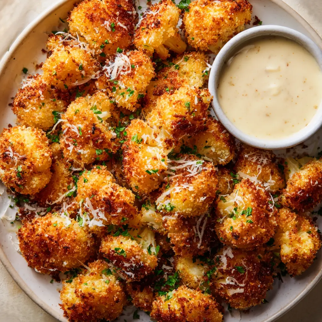 Crispy parmesan-crusted cauliflower bites served with creamy dipping sauce.