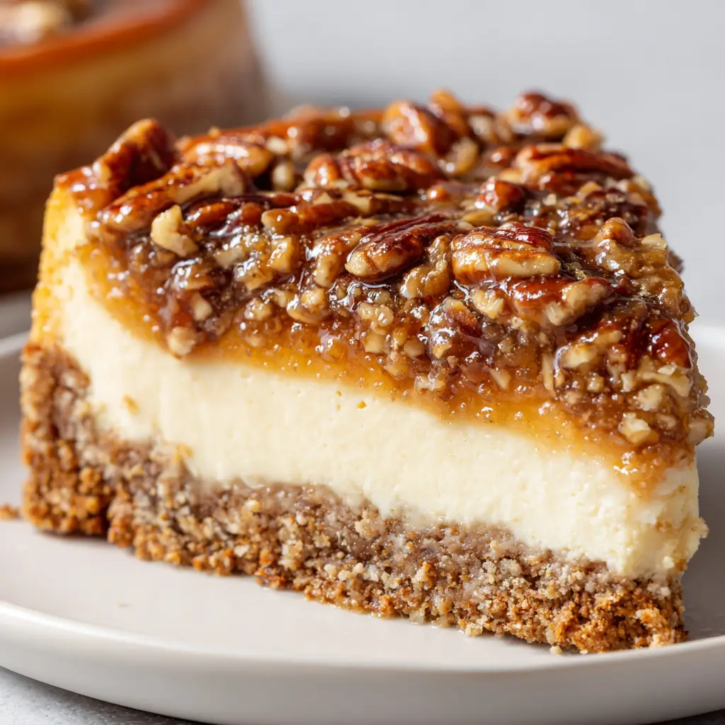 Slice of pecan pie cheesecake with caramelized pecan topping.