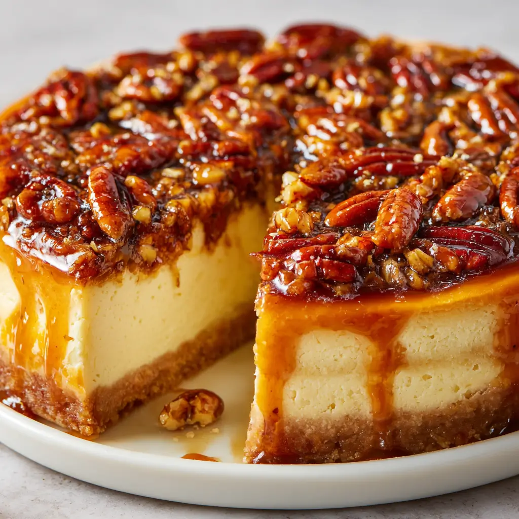 Whole pecan pie cheesecake with caramel-pecan topping and a slice missing.