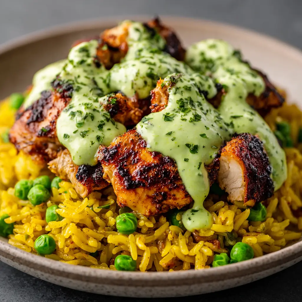 Slices of char-grilled chicken breast over a bed of yellow rice with green peas, topped with a generous drizzle of creamy green herb sauce.