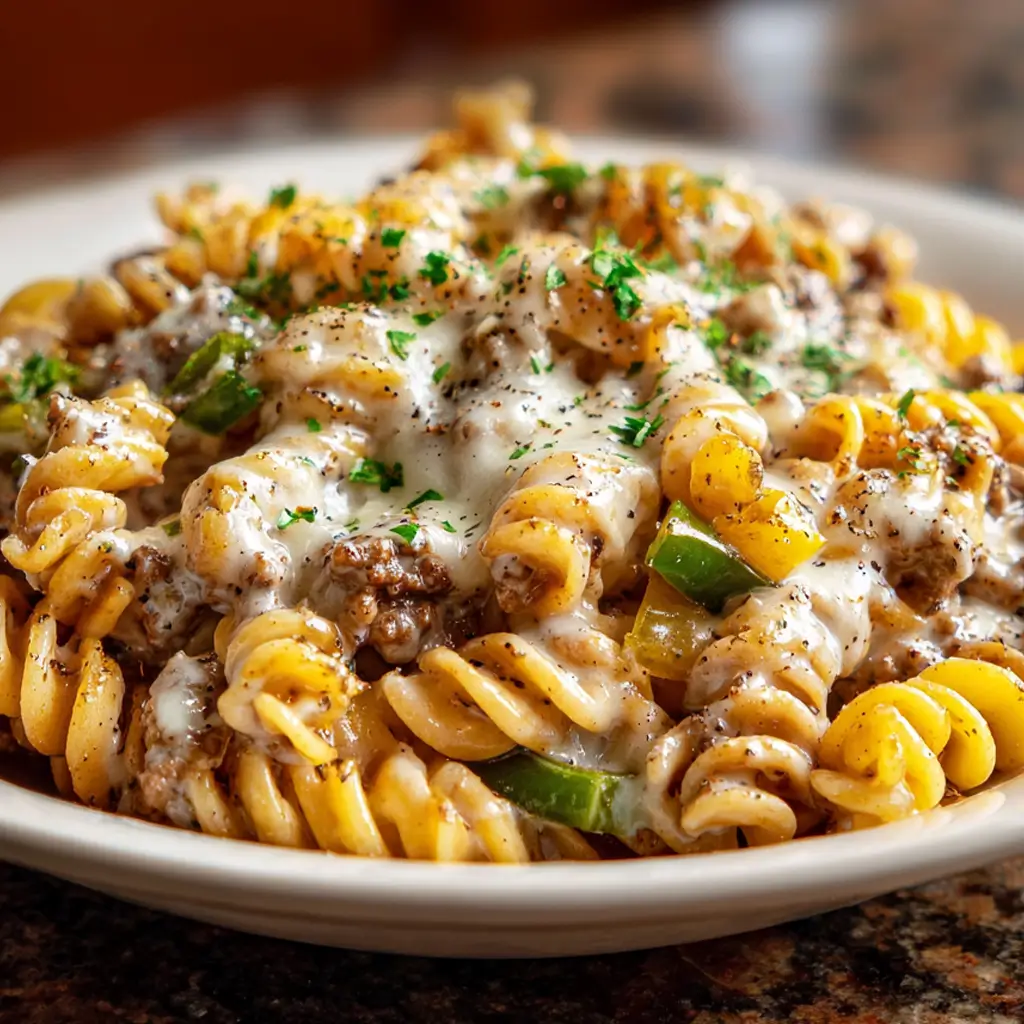 Creamy Philly cheesesteak pasta with ground beef, bell peppers, and melted cheese