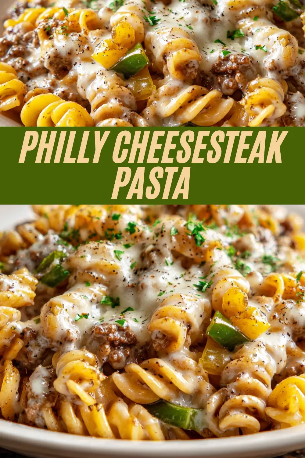 Close-up of cheesy Philly cheesesteak pasta with rotini, ground beef, peppers, and melted cheese
