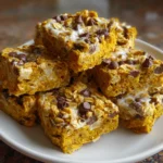 Pumpkin chocolate chip oatmeal bars with marshmallow drizzle for a healthy fall breakfast treat