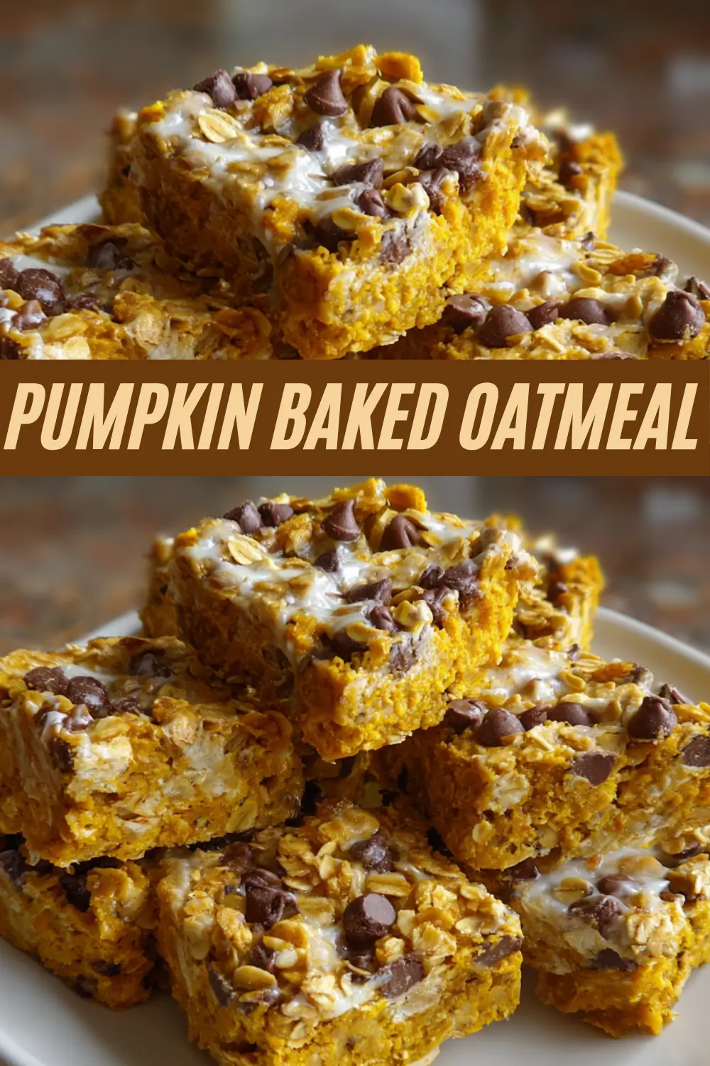 Pumpkin baked oatmeal bars with chocolate chips and marshmallow for a nourishing fall breakfast or snack