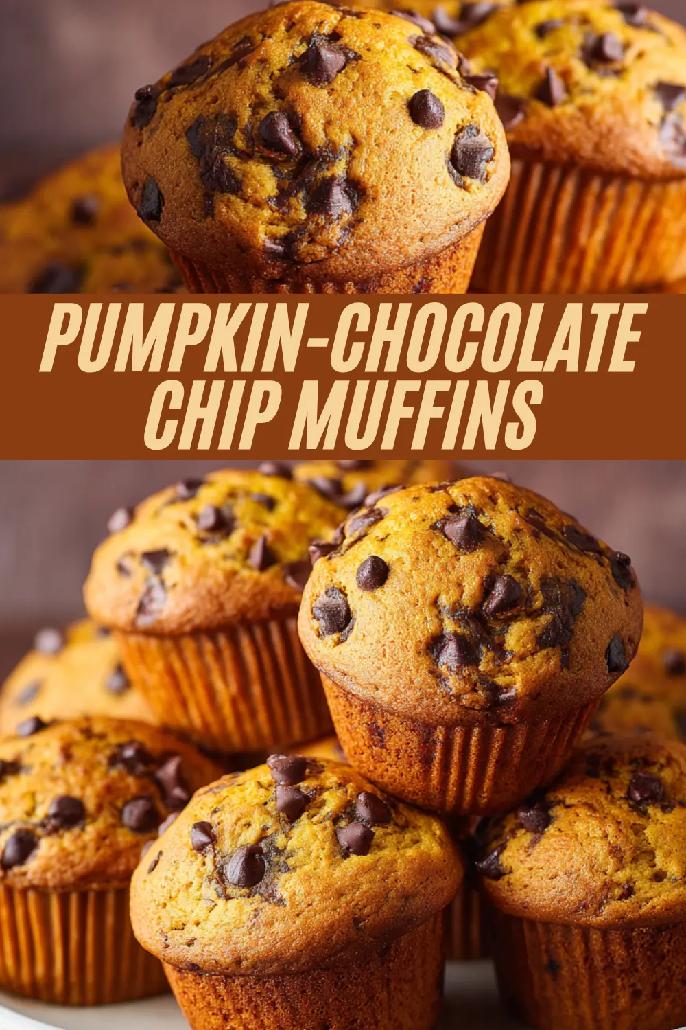 Pumpkin chocolate chip muffins with golden tops and melty chocolate chips, perfect for fall baking