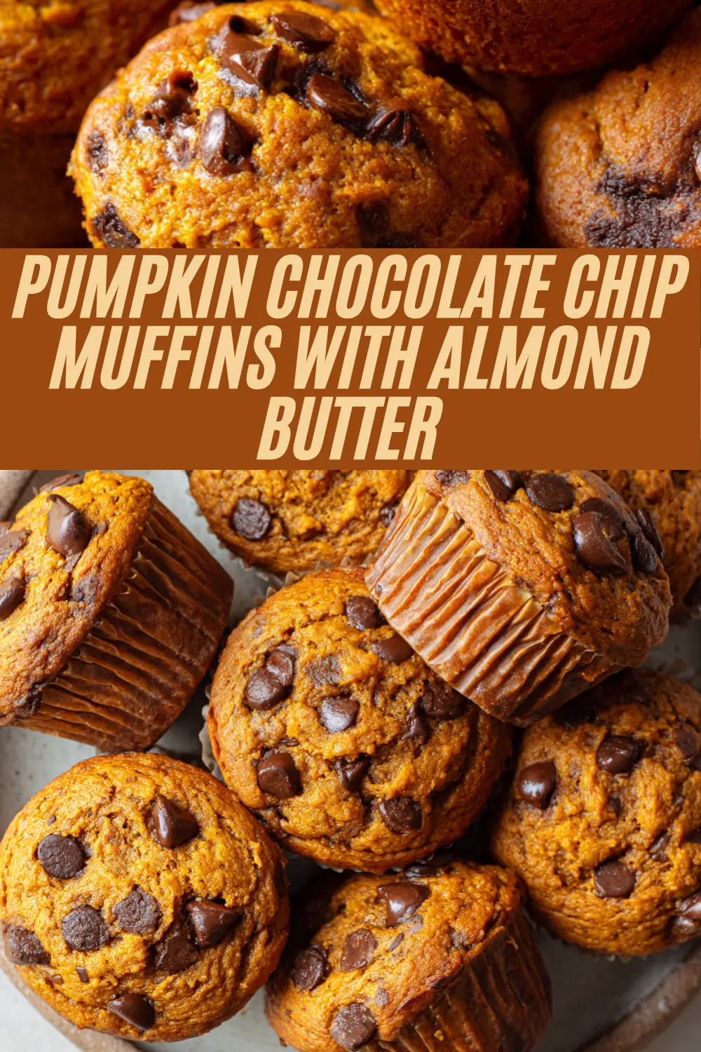 Soft pumpkin muffins with almond butter and chocolate chips on a plate