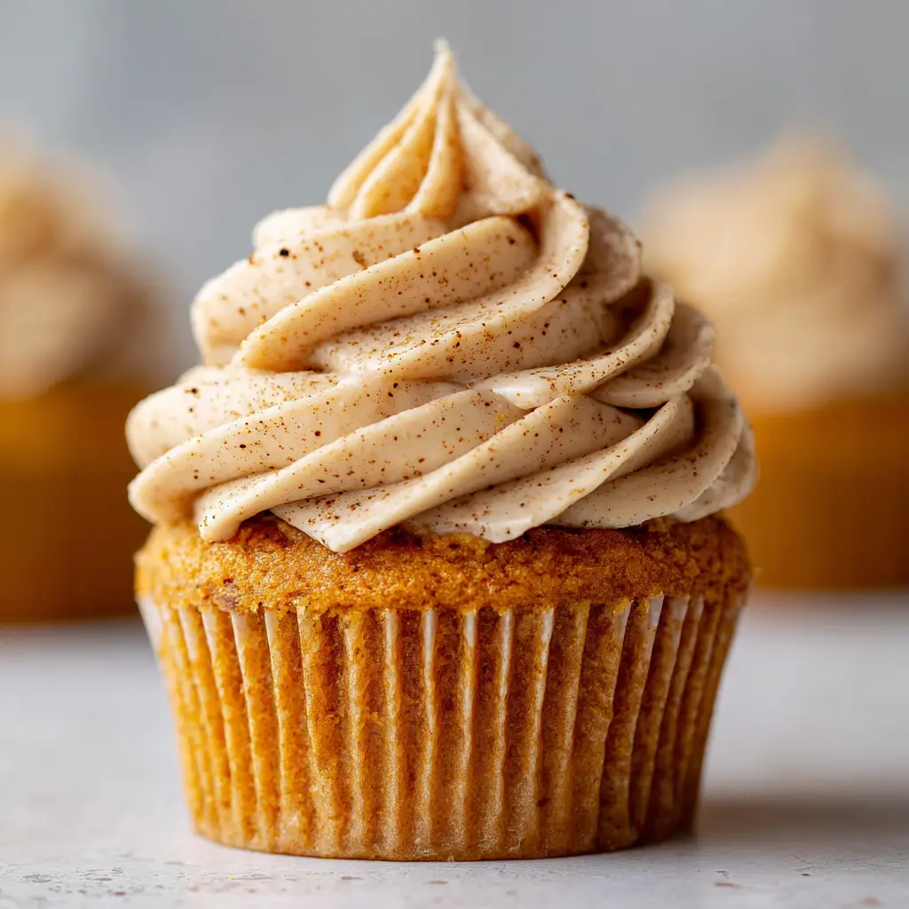 Moist pumpkin cupcakes topped with cinnamon-spiced cream cheese frosting