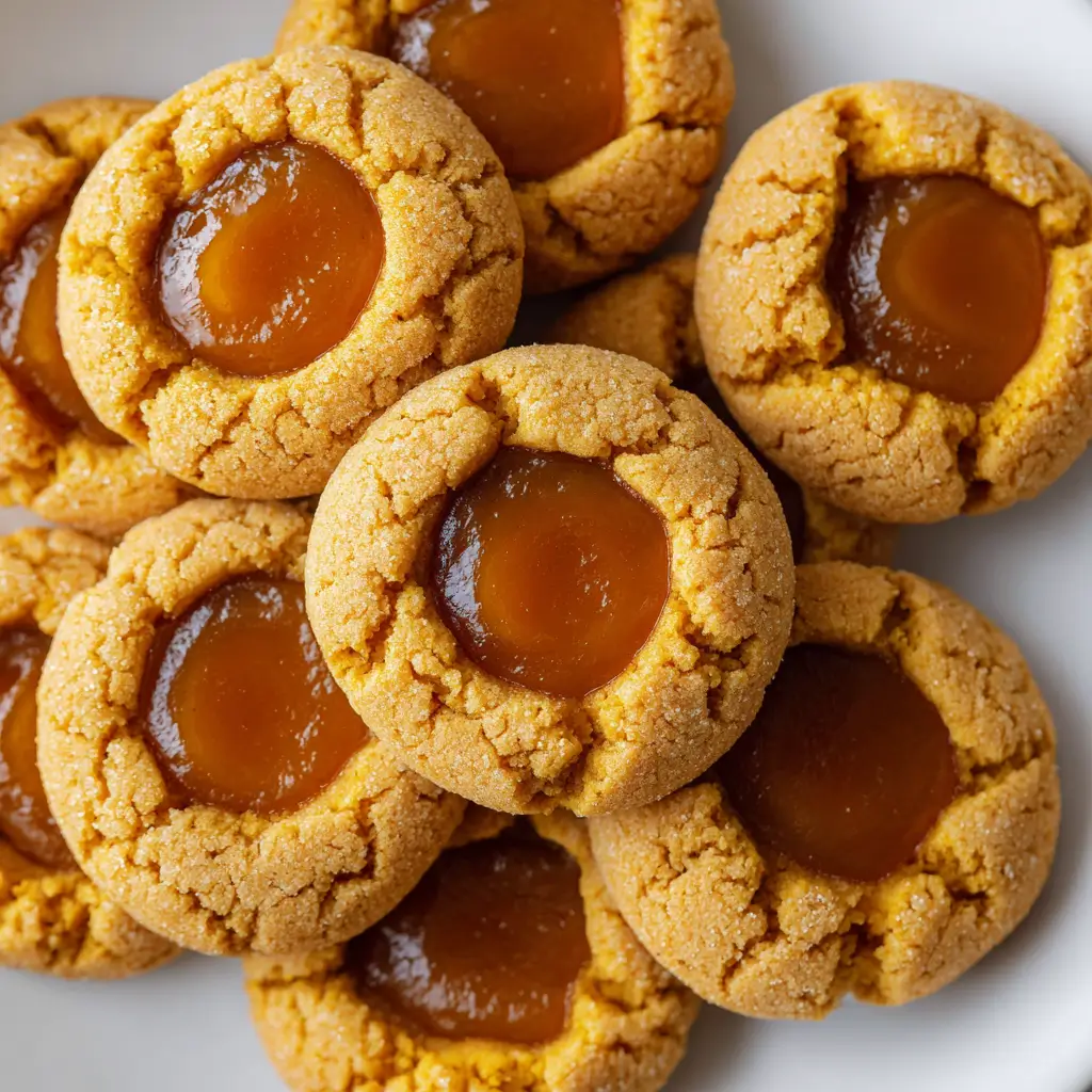 Pumpkin pie thumbprint cookies with pumpkin filling.
