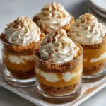 Layered pumpkin pie parfaits with creamy pumpkin filling, spiced whipped cream, and graham cracker crumbs.