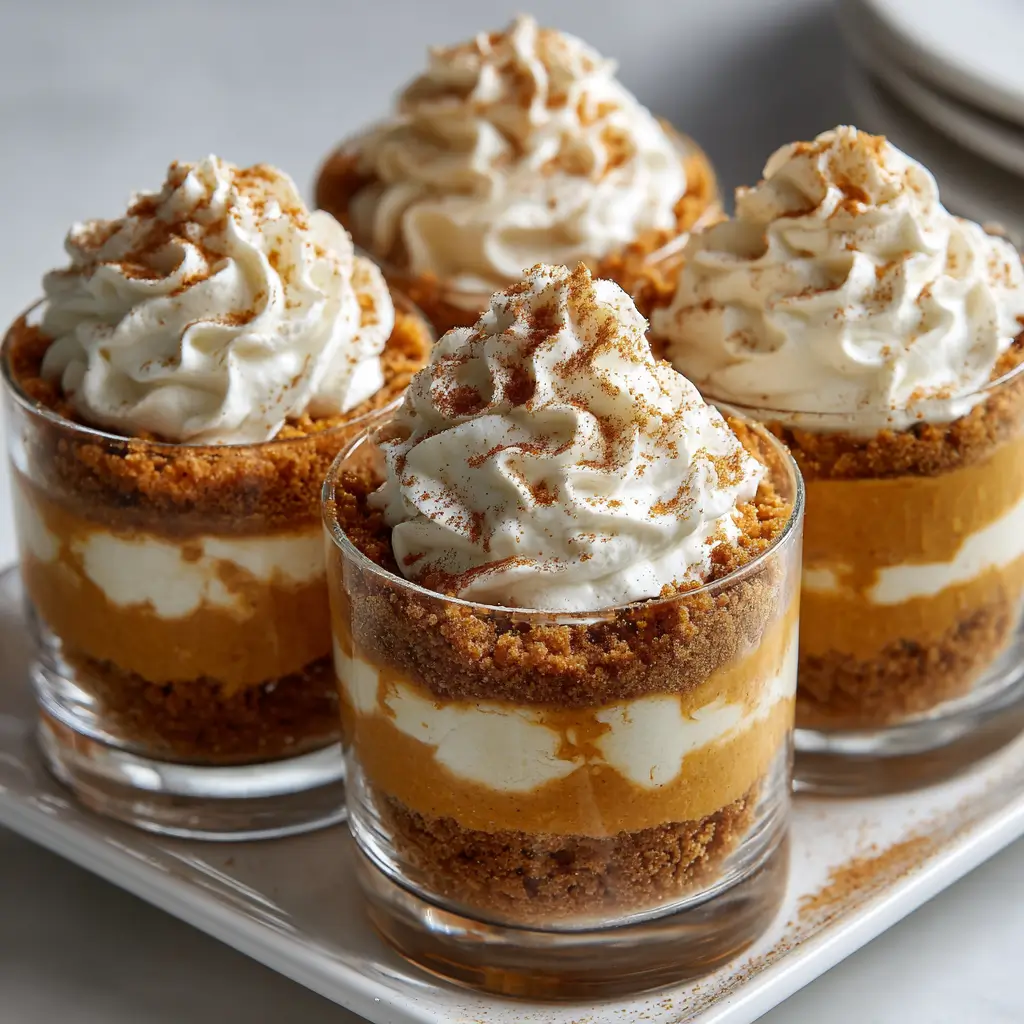 Layered pumpkin pie parfaits with creamy pumpkin filling, spiced whipped cream, and graham cracker crumbs.