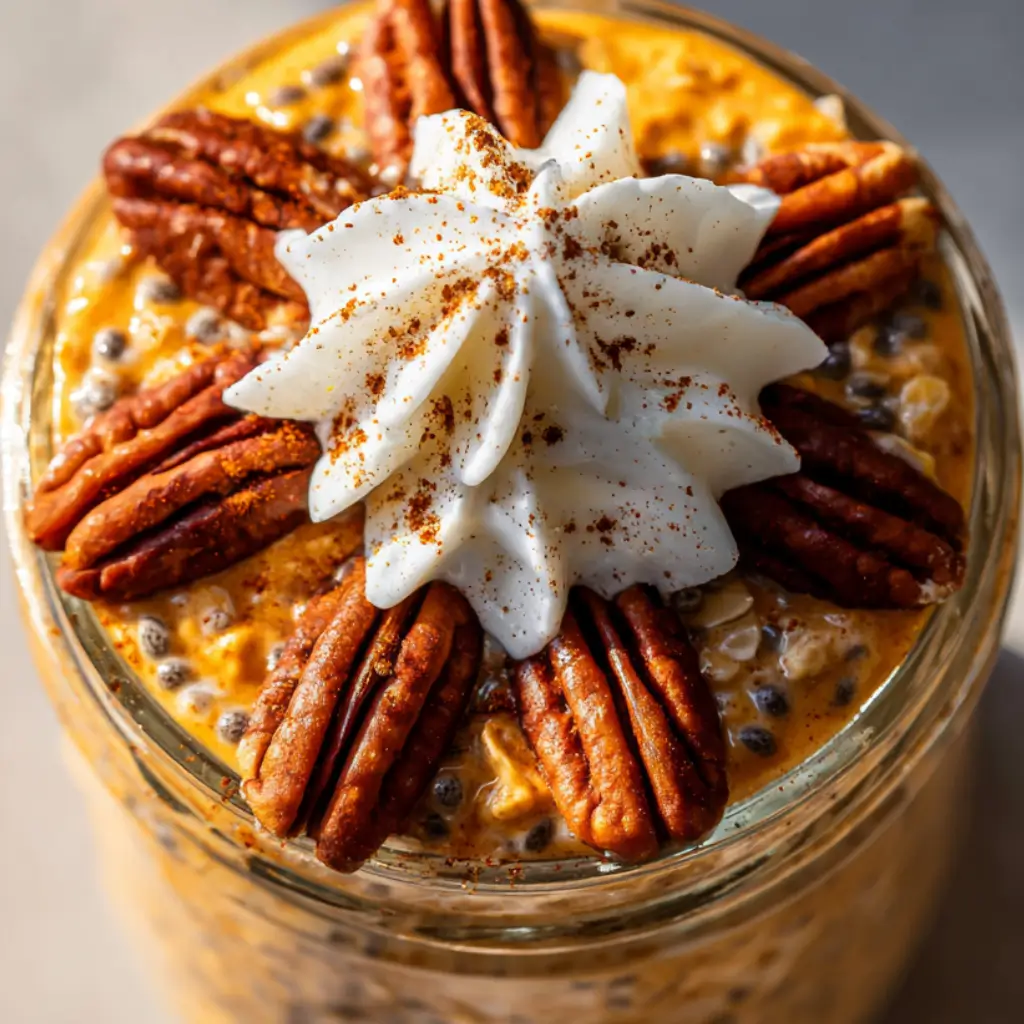Creamy pumpkin pie overnight oats topped with pecans and whipped cream in a mason jar.