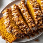 Pumpkin bread loaf with crumbly streusel topping and icing drizzle.