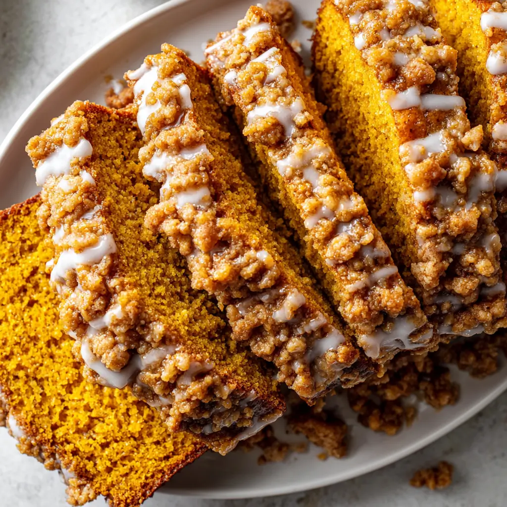 Pumpkin bread loaf with crumbly streusel topping and icing drizzle.