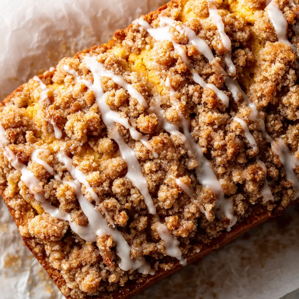 Moist pumpkin loaf slices topped with cinnamon streusel and icing.