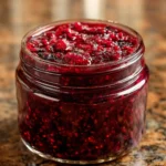 Raspberry chocolate jam made with fresh berries and rich cocoa for breakfast spreads and desserts