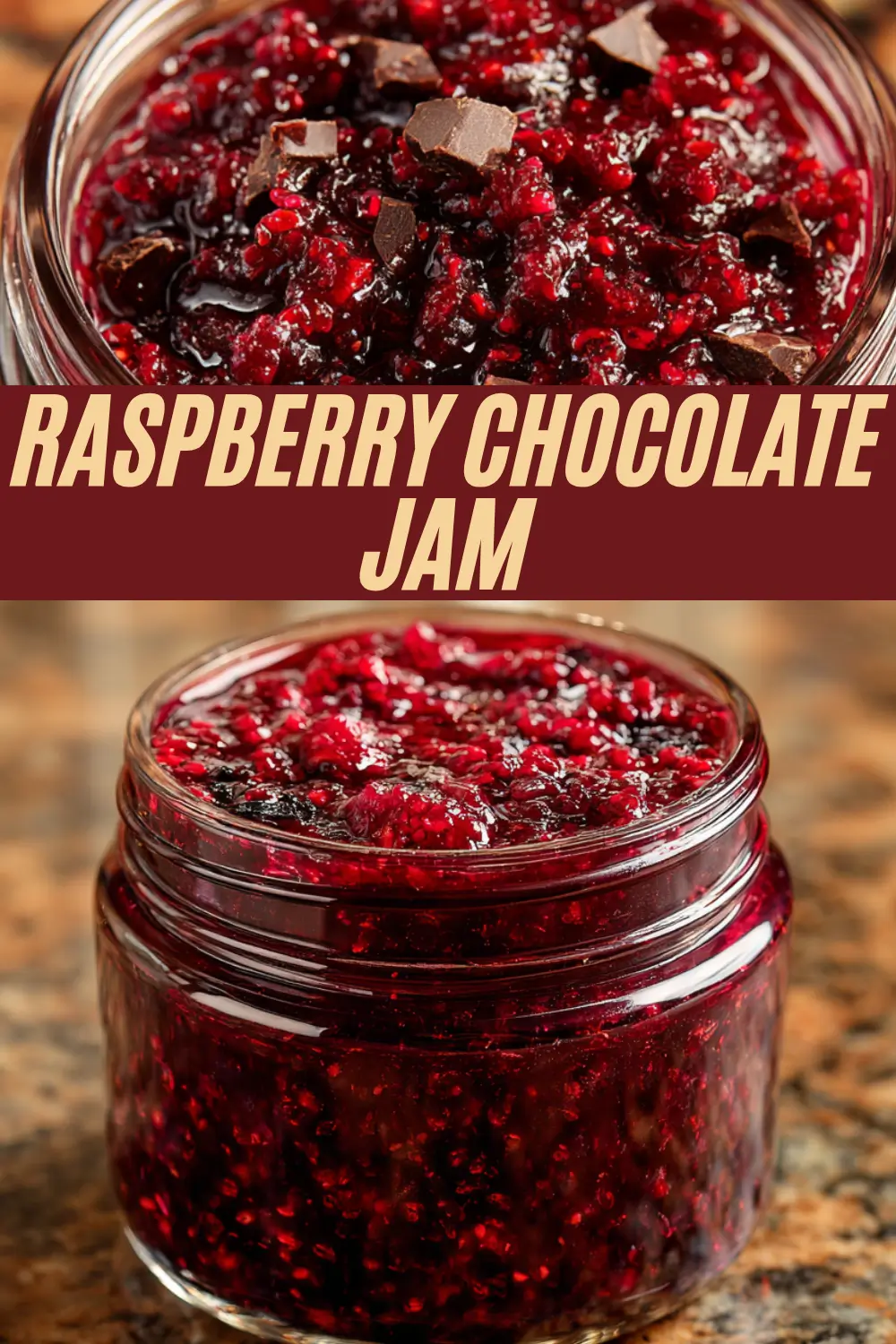 Homemade raspberry chocolate jam with fresh raspberries and chunks of dark chocolate for gourmet spreads