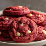 Soft red velvet cookies with white chocolate chips, perfect for festive treats and dessert tables