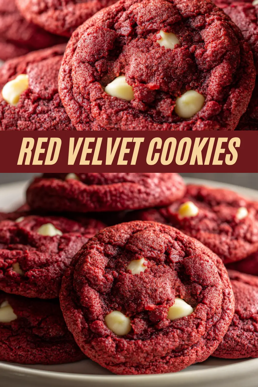 Red velvet cookies with white chocolate chips, ideal for festive dessert platters and holiday baking