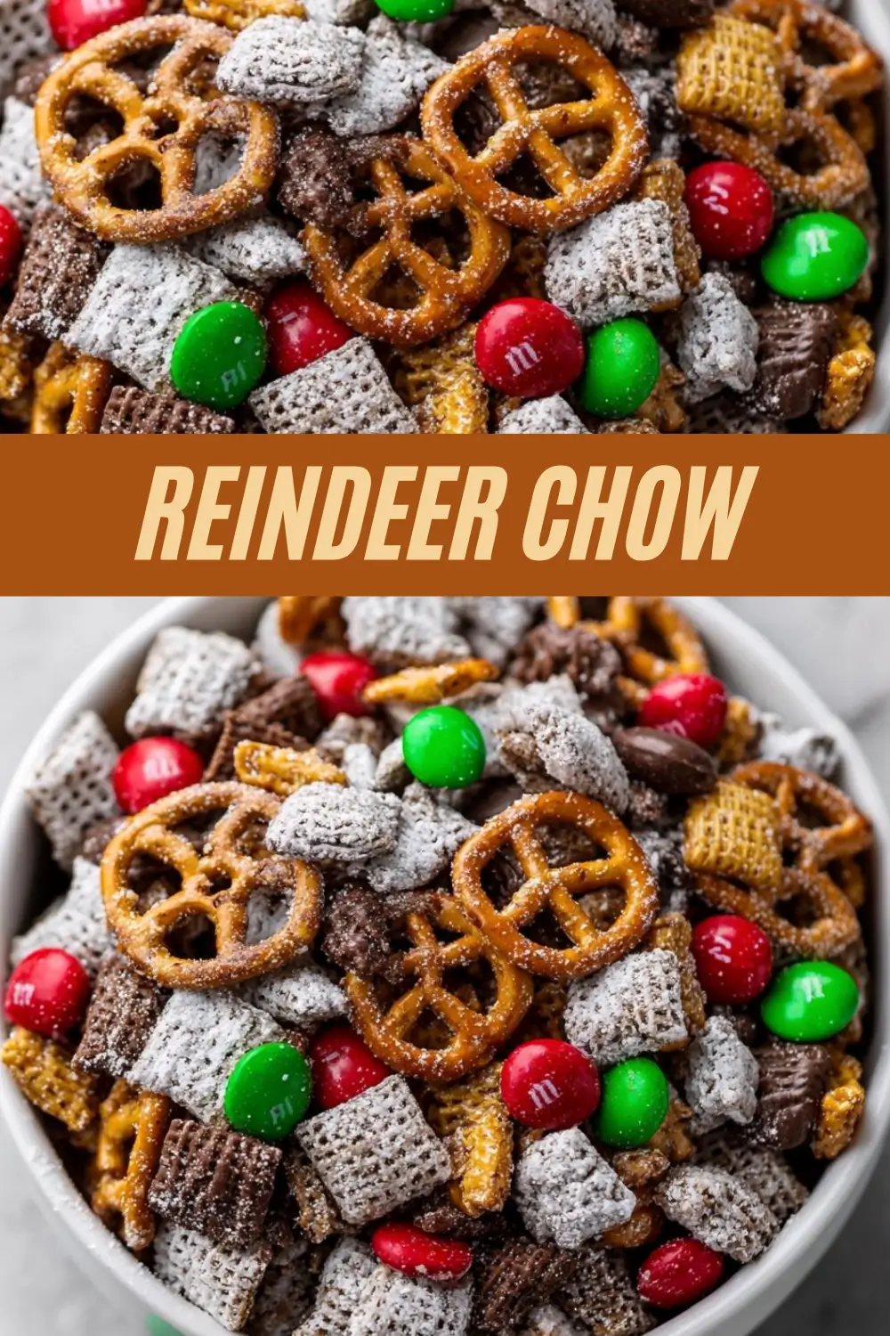 Christmas muddy buddies recipe with Chex cereal, pretzels, chocolate, peanut butter, and M&Ms.