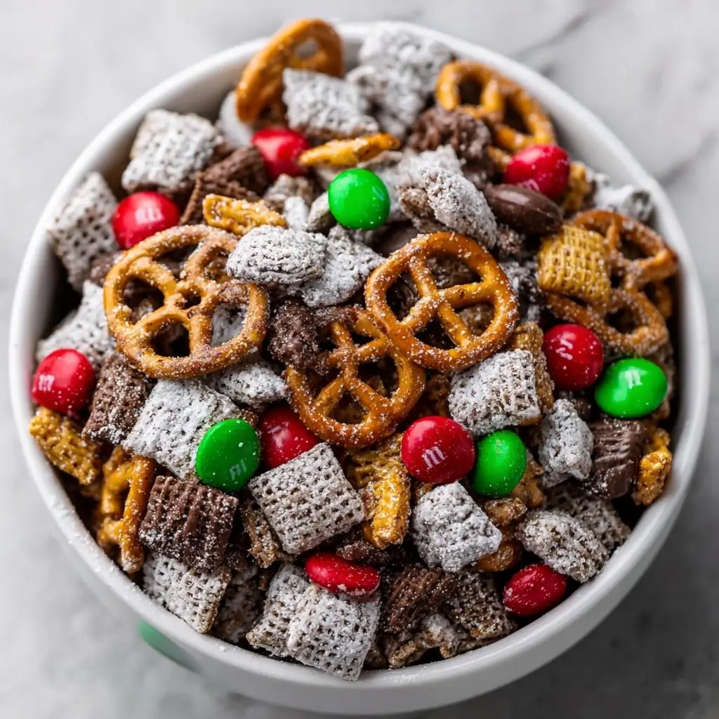 Holiday muddy buddies with pretzels, red and green M&Ms, and chocolate Chex mix in a festive snack mix bowl.