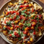 Roasted pumpkin nachos topped with melted cheese, black beans, salsa, and fresh cilantro.